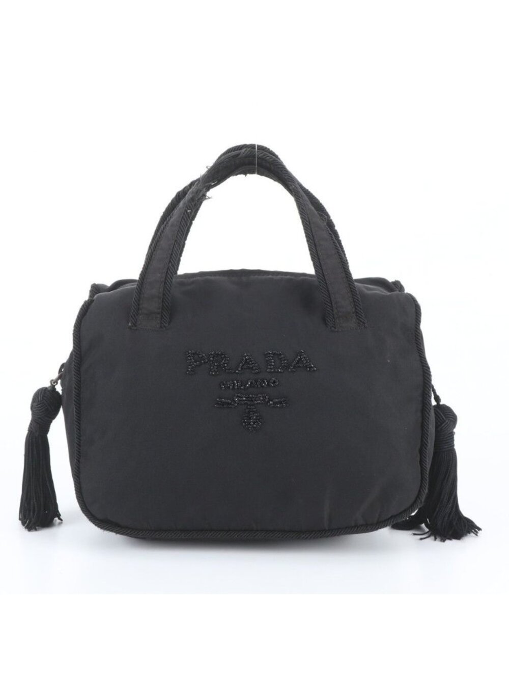 Prada Tessuto Nylon Bijou Logo Embroidery Tassel Handbag Black